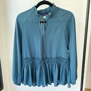 BLUE RAIN for FRANCESCA'S Women's Dusty Blue Long Sleeve Ruffle Peplum Top sz S